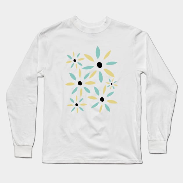 Yellow And Aqua Blue Abstract Retro Flowers Long Sleeve T-Shirt by OrchardBerry